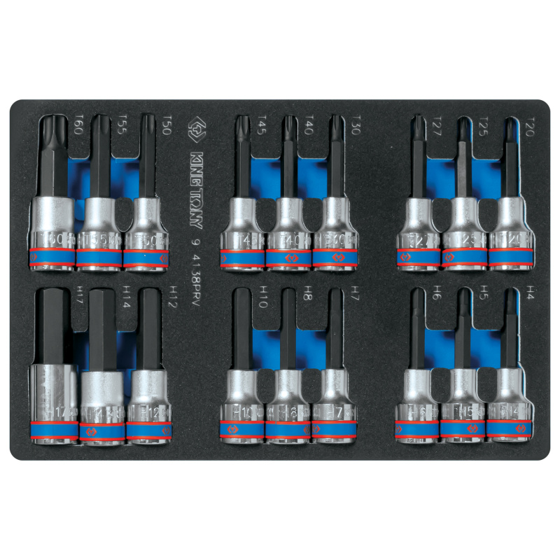 KING TONY Набор торцевых насадок 1/2", TORX, HEX, L = 80 мм, ложемент, 18 предметов 9-4138PRV
