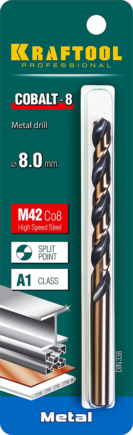 Сверло по металлу HSS-Co(8%) , сталь М42(S2-10-1-8), 8.0 х117мм, KRAFTOOL COBALT