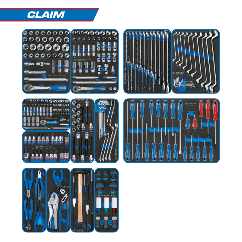 KING TONY Набор инструментов "CLAIM" для тележки, 13 ложементов, 286 предметов 934-286MRVD